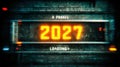 Futuristic digital display shows the year 2027 loading with a retro glitch effect Royalty Free Stock Photo