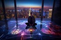 Futuristic Digital Explorer in Tech-Inspired Attire on Glass Floor with Holographic Interface