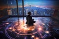 Futuristic Digital Explorer in Tech-Inspired Attire on Glass Floor with Holographic Interface