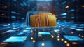 Futuristic Digital File Management Concept with Golden Folders and Glowing Blue Network Lines