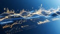 Futuristic Digital Financial Data Visualization with Glowing Golden Charts Graphs and Currency Symbols on Blue Royalty Free Stock Photo