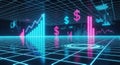Futuristic digital financial data visualization with neon grids and graphs Royalty Free Stock Photo