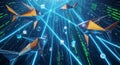 Futuristic Digital Fish Swarm in Neon Cyber Network with Data Streams Royalty Free Stock Photo