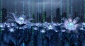 Futuristic Digital Flowers Blooming in a Cityscape with Binary Code Rain Royalty Free Stock Photo