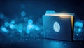 Futuristic digital folder with a glowing fingerprint icon symbolizing cybersecurity and identity protection Royalty Free Stock Photo
