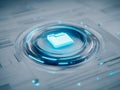 Futuristic digital folder icon glowing in the center of a high-tech circular interface representing secure data storage and file Royalty Free Stock Photo