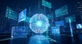 Futuristic Digital Globe with Data Screens in Cyber City Royalty Free Stock Photo
