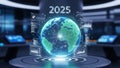 Futuristic digital globe with data visualizations and 2025 projection in modern office Royalty Free Stock Photo