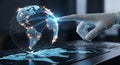 Futuristic digital globe with glowing connections and a gloved hand interacting with technology Royalty Free Stock Photo