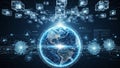 Futuristic digital globe with glowing network connections and data cubes representing global technology and Royalty Free Stock Photo