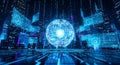 Futuristic Digital Globe with Holographic Data Displays and Neon Blue Technology Elements Royalty Free Stock Photo