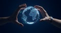 Futuristic Digital Globe HUD with Human Hands Holding Holographic World Data Graphics Royalty Free Stock Photo