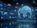 Futuristic Digital Globe Surrounded by Interactive Data Displays in a High-Tech Environment with a Humanoid Robot Royalty Free Stock Photo