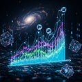 Futuristic digital graph showing upward financial growth trends with geometric data nodes and cosmic background elements Royalty Free Stock Photo