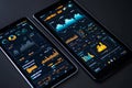 Futuristic digital graphs and data metrics are showcased on a smartphone and tablet, emphasizing advanced analysis. The