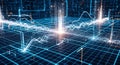 Futuristic digital grid with glowing data streams and fluctuating waveforms in motion Royalty Free Stock Photo