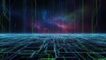 Futuristic Digital Grid Landscape with Binary Code and Cosmic Nebula Background network Royalty Free Stock Photo