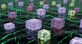 Digital Grid Network of Futuristic Cubes, Data Blocks, and Binary Code on Dark Background Royalty Free Stock Photo