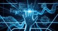 Futuristic digital hand reaching out through abstract blue technology network Royalty Free Stock Photo