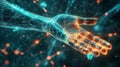 Futuristic digital hand reaching out surrounded by glowing network connections at night Royalty Free Stock Photo