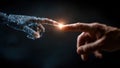 Futuristic digital hand reaching out to touch a human hand, symbolizing the connection between technology and humanity, showcasing Royalty Free Stock Photo
