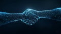 Futuristic digital handshake symbolizing innovation, technology, and collaboration in a high-tech, virtual environment