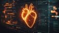 Futuristic digital heart scan interface with a glowing orange anatomical heart and data. Royalty Free Stock Photo