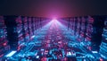 Futuristic Digital Highway, Neon Circuit Board Tunnel with Glowing Lights Royalty Free Stock Photo