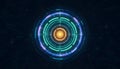 Futuristic Digital HUD Circle with Glowing Orange Core and Blue Teal Rings, Abstract Technology Interface Data Visualization Royalty Free Stock Photo