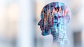 Futuristic digital human head pixelated neural network elements symbolizing artificial intelligence cognitive computing