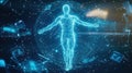 Futuristic digital human hologram with data interfaces in virtual space Royalty Free Stock Photo