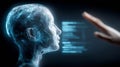 Futuristic AI human head interface with hand gesture control, representing machine learning interaction and digital identity. Royalty Free Stock Photo