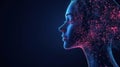 A futuristic digital human profile formed by glowing particles and intricate light patterns. The dark neon blue background Royalty Free Stock Photo