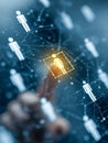 Futuristic digital human resources interface with glowing female figure highlighted by hand selecting candidate in network of Royalty Free Stock Photo