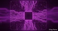Futuristic computer chip with glowing purple circuit board pattern on dark background, digital technology illustration Royalty Free Stock Photo