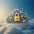 Futuristic Digital Illustration Cloud Security Golden Padlocks Data Network Soft Blue Background - Royalty Free Stock Photo