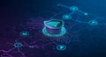 Futuristic digital illustration featuring a central shield icon with a Wi-Fi symbol, Royalty Free Stock Photo