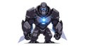 Futuristic armored gorilla-like creature with glowing blue core and metallic black armor standing upright on white background Royalty Free Stock Photo