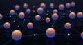 Futuristic digital illustration of interconnected orange and blue spheres forming a complex network with thin white lines on dark Royalty Free Stock Photo