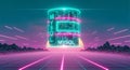 A futuristic digital illustration of a large cylindrical MySQL database object in a neon cityscape with mountains and glowing sky Royalty Free Stock Photo
