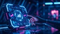 Futuristic Holographic Touchscreen Interface with Neon Lights and Digital Data Visualization in Cyber Environment Royalty Free Stock Photo