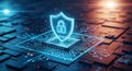 Digital security concept with glowing shield lock icon over computer processor chip and circuit board Royalty Free Stock Photo