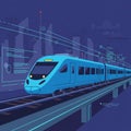 Futuristic digital illustration of a sleek, blue train on an elevated track. The scene Royalty Free Stock Photo