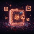 AI Generated Digital Image of Glowing Orange Safe and Floating Safeboxes Over Dark Circuit Board