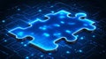 Futuristic Digital Innovation Concept with a Glowing Jigsaw Puzzle on a Blue Grid Background Royalty Free Stock Photo