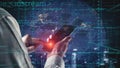 Futuristic Digital Interaction with Smartphone Surrounded by Data Visualization, Coding Elements, and Global Royalty Free Stock Photo