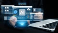Futuristic Digital Interface with AI Technology and Data Visualization on Smartphone and Laptop Computer for Innovative Royalty Free Stock Photo