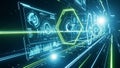 Futuristic Digital Interface with Blue and Green Data Visualizations and Light Streaks technology Royalty Free Stock Photo