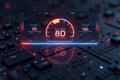 Futuristic digital interface on circuit board displaying speed and data metrics Royalty Free Stock Photo