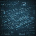 Futuristic digital interface with a complex array of technical blueprints and Royalty Free Stock Photo